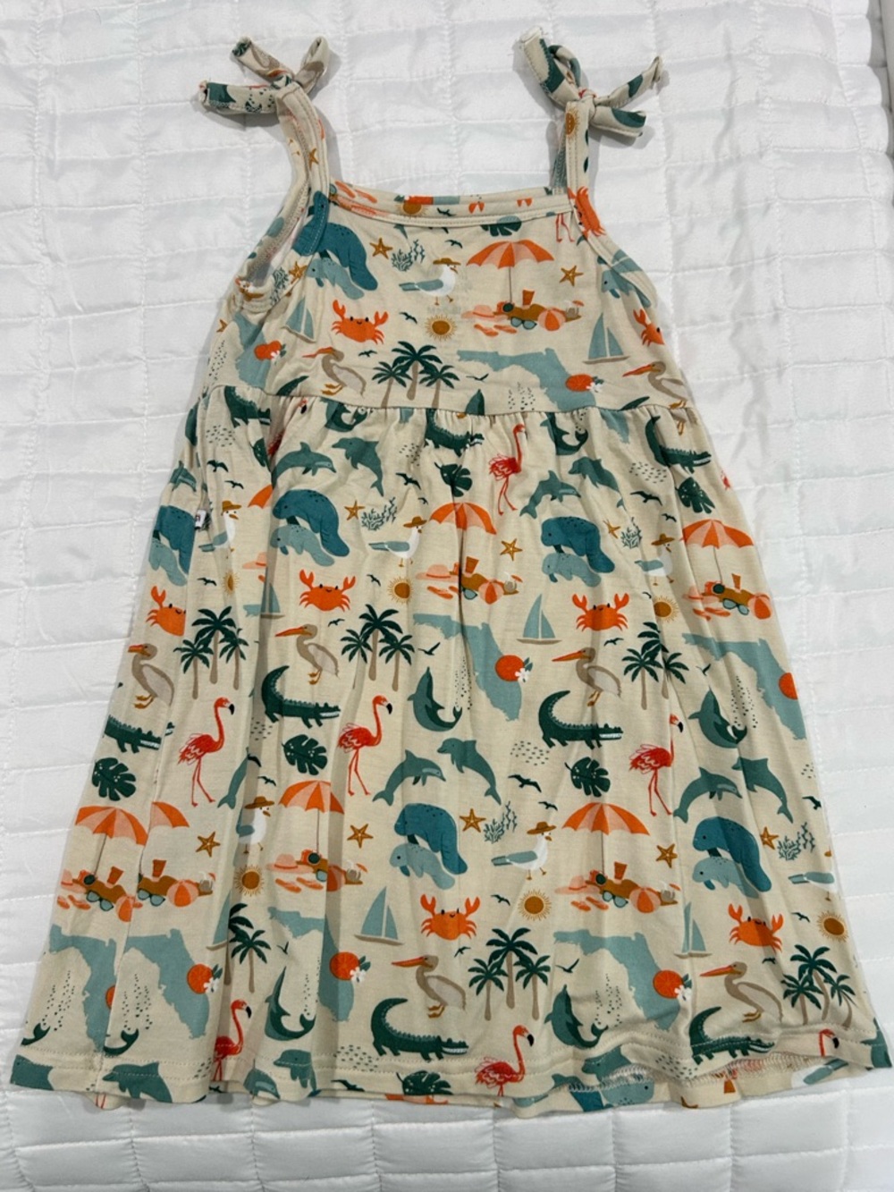 Bamboo Cream Florida Beach Print Tie-Shoulder Dress